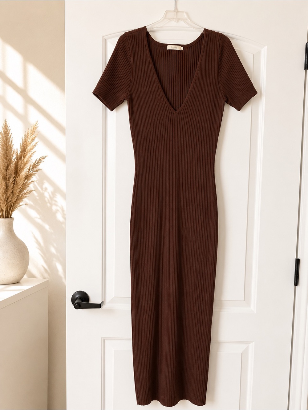 Meshki Brown Ribbed V-Neck Maxi Dress